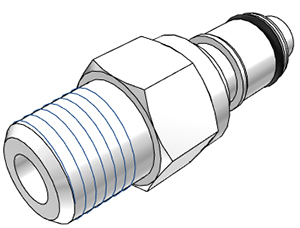 Ein APCD24004BSPT Stecker 1/4" BSPT Außengewinde mit Absperrventil aus glänzendem Metall, seitlich dargestellt.