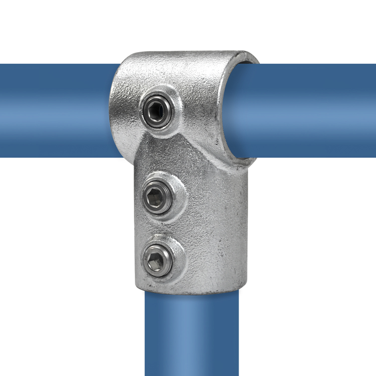 Rohrverbinder T-Stück / T-Verbinder, verlängerte kurze Ausführung - Typ 2L aus silberfarbenem Metall, der zwei blaue Rohre im rechten Winkel verbindet und mit drei Innensechskantschrauben gesichert ist.