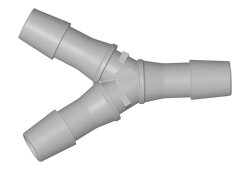 Hellgrauer HY12 Y-Schlauchverbinder aus Polypropylen mit drei geriffelten Anschlüssen für 9,5 mm (3/8 Zoll) Schläuche.