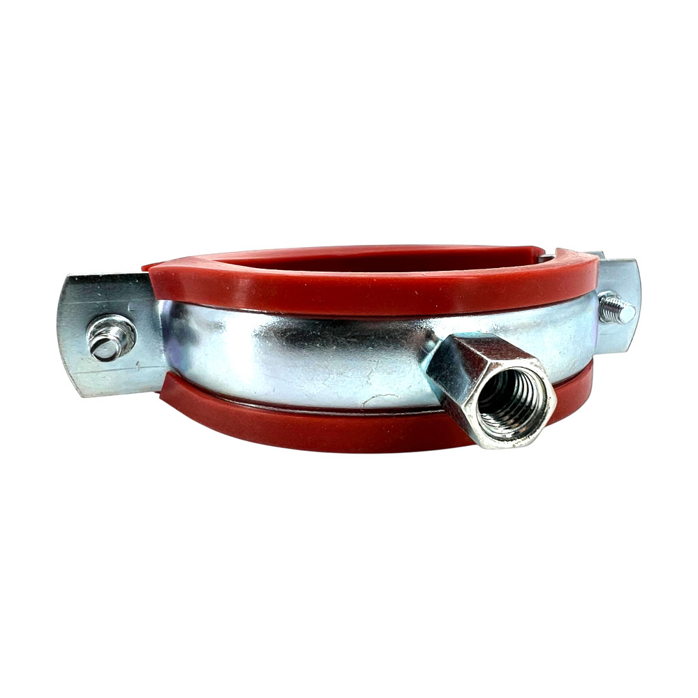 Silikon Rohrschelle, verzinkt, mit Anschlussmutter M8/M10 (rot). Die silberfarbene Rohrschelle mit roter Silikoneinlage und seitlicher M8/M10 Anschlussmutter ist auf weißem Hintergrund abgebildet und dient der sicheren Rohrbefestigung.