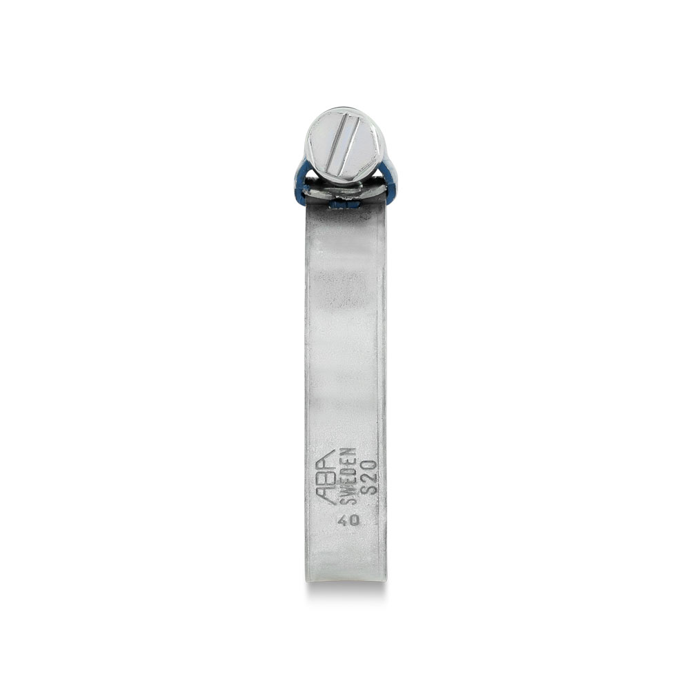 ABA Sweden S20 Klemmband mit Schlitzschraube und blauem Gehäuse Silberfarbenes Metallklemmband mit einer Schlitzschraube an der Oberseite und einem blauen Ring darunter. Die Seitenfläche ist mit 'ABA Sweden S20' graviert.