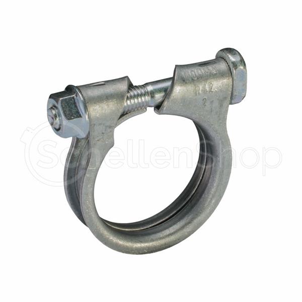 Abgasrohrschelle / Auspuffschelle ARS aus verzinktem Stahl für sichere und langlebige Verbindungen an Auspuffrohren. Abgasrohrschelle ARS aus verzinktem Stahl. Eine silberfarbene Metallklemme mit Schraube und Mutter zur Befestigung von Rohren.