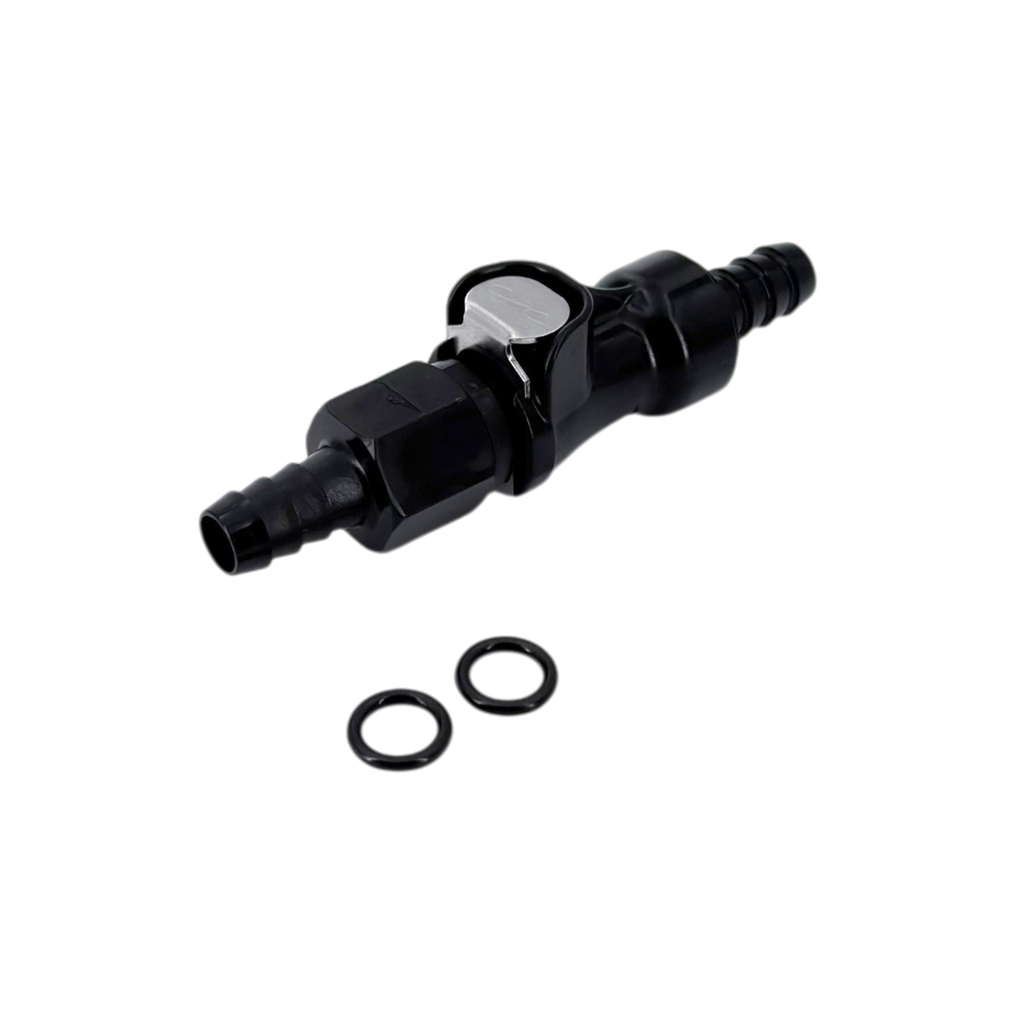 MOTO8BLK Benzinkupplungs-Set: schwarze Schnellkupplung mit beidseitigem Absperrventil und Viton-Dichtung für 8 mm Benzinschlauch, abgebildet mit zwei separaten Dichtringen.