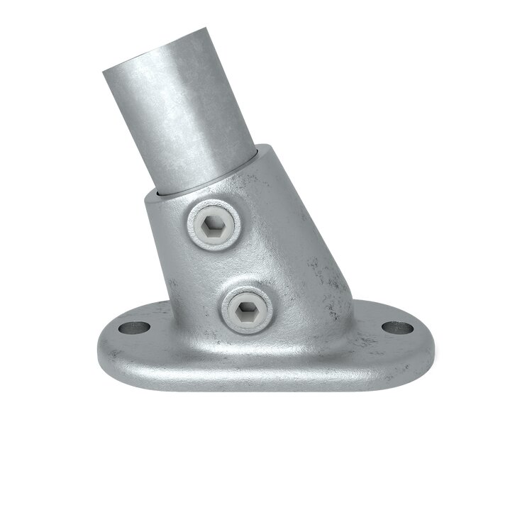 Rohrverbinder Bodenbefestigung variabel Typ 12U, Winkel 11-30 Grad. Grauer Metallverbinder mit variabler Neigung für ein Rohr, gesichert mit zwei Inbusschrauben.