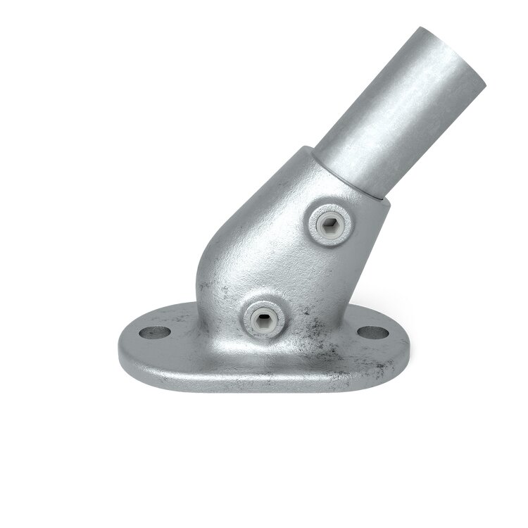 Rohrverbinder Bodenbefestigung variabel Typ 12X aus silbernem Metall mit runder Grundplatte, zum variablen Befestigen von Rohren in einem Winkel von 45-60 Grad. Deutlich sichtbar sind die zwei Innensechskantschrauben und die Befestigungslöcher.