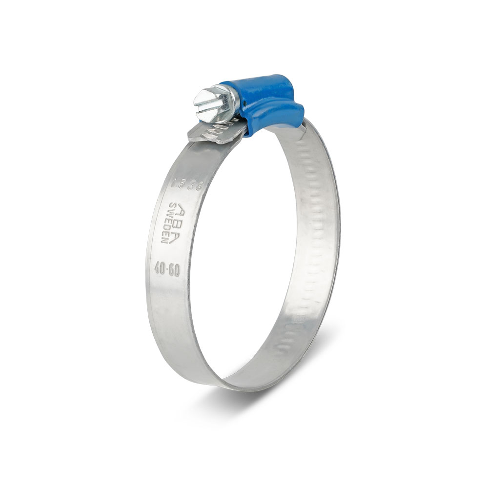 ABA Sweden Schlauchschelle aus Edelstahl, W4, Größe 40-60 mm Silberfarbene ABA Sweden Edelstahl-Schlauchschelle mit blauem Schraubverschluss und eingeprägter Größenangabe 40-60.