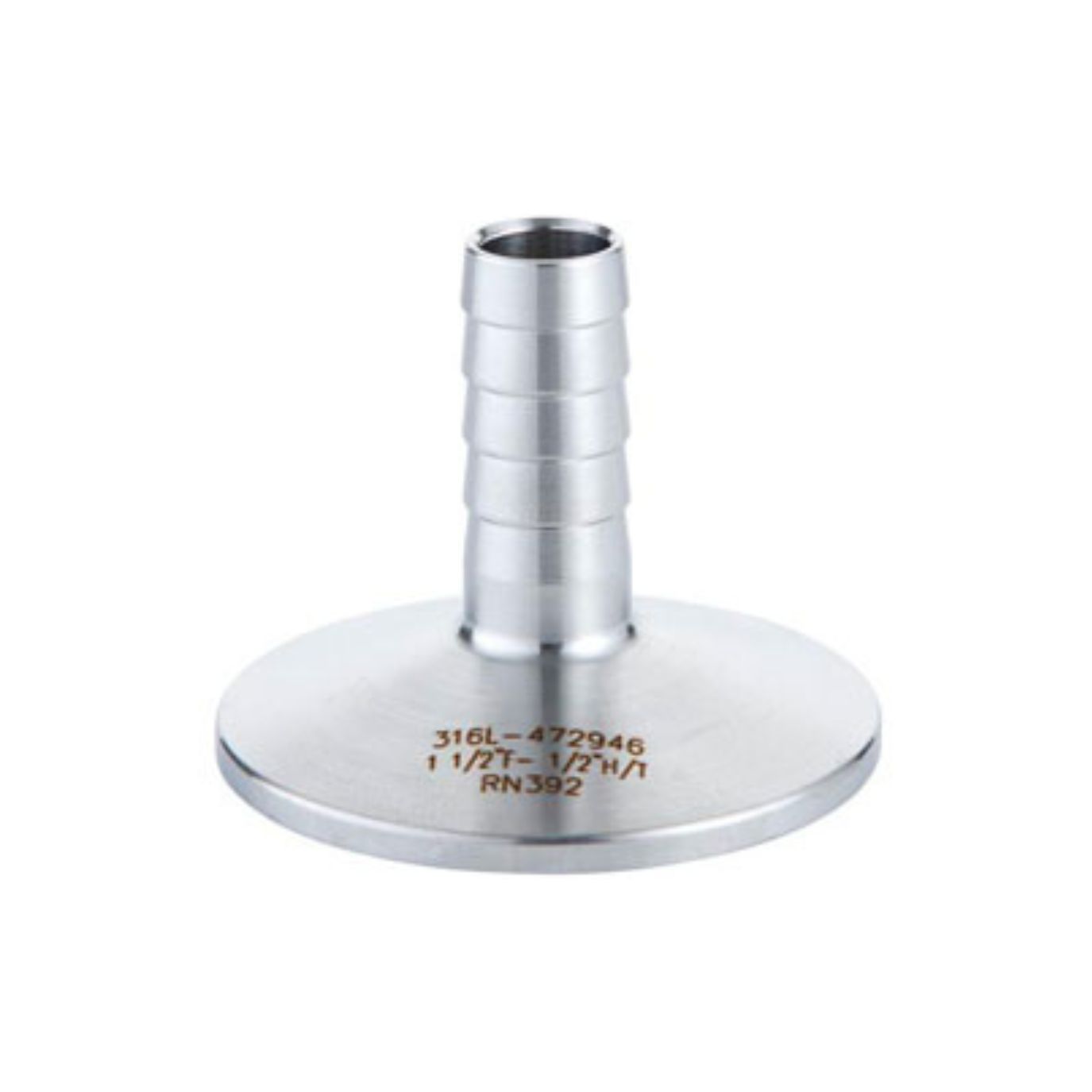 Silberfarbene Tri-Clamp Schlauchtülle mit Kegelflanschanschluss (DIN 32676) aus 316L Edelstahl. Die Armatur hat eine flache, runde Tri-Clamp-Basis und einen nach oben gerichteten, gerippten Schlauchansatz für eine sichere Schlauchverbindung.