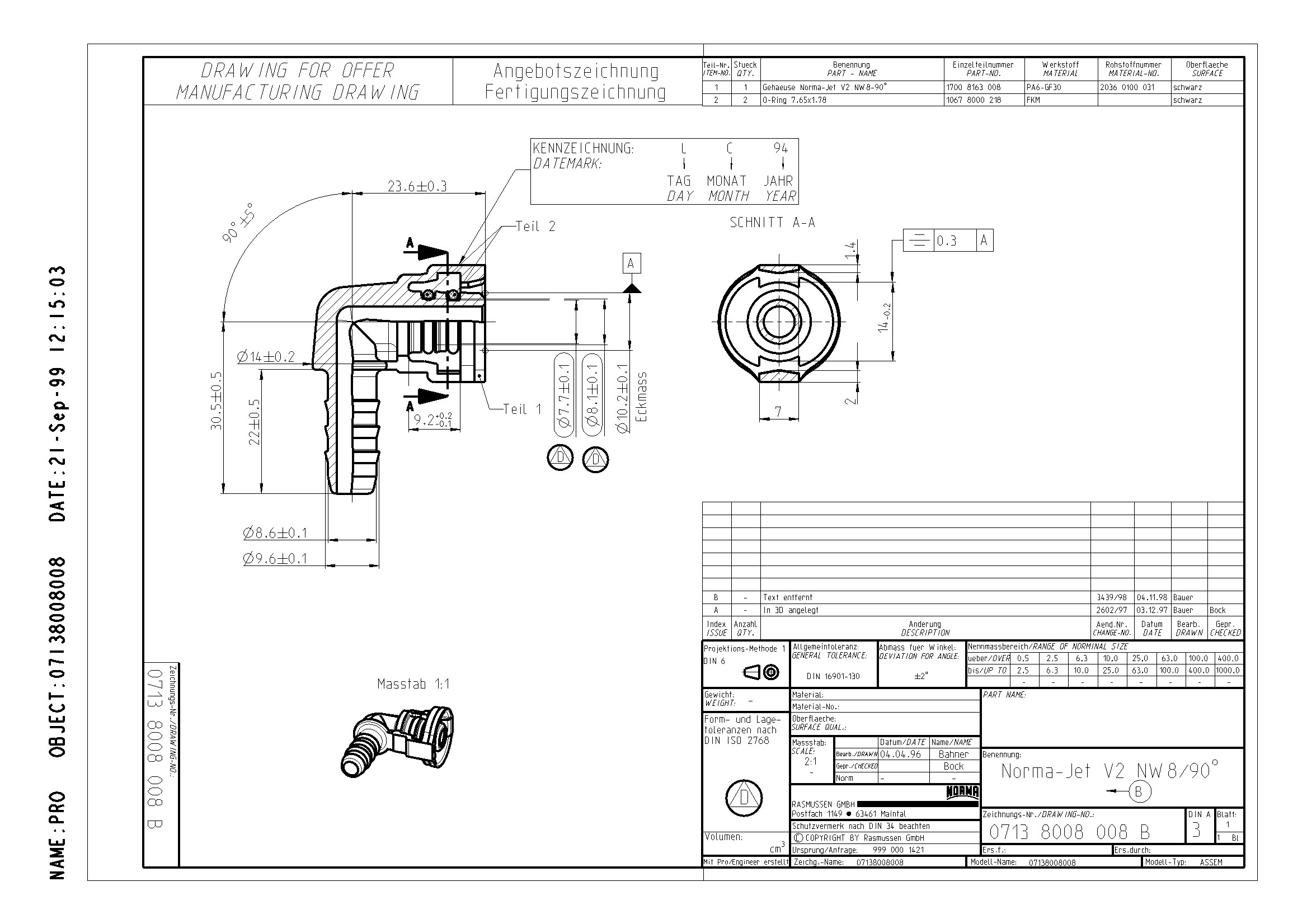 Norma-Jet V2 NW8/90°: Angebots- und Fertigungszeichnung 0713 8008 008 B vom 21. September 1999 mit Bemaßung und Materialangaben. Technische Zeichnung für das Bauteil 'Norma-Jet V2 NW8/90°'. Die Angebots- und Fertigungszeichnung zeigt eine detaillierte Seitenansicht mit Maßen, einen Schnitt A-A, eine Vorderansicht sowie eine kleine isometrische Ansicht des Verbindungsstücks. Details