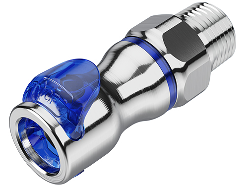 LQ4D10006BLU Schnellverschlusskupplung aus glänzendem Metall mit 3/8 Zoll NPT Außengewinde, ausgestattet mit blauem Absperrventil und EPDM-Dichtung.