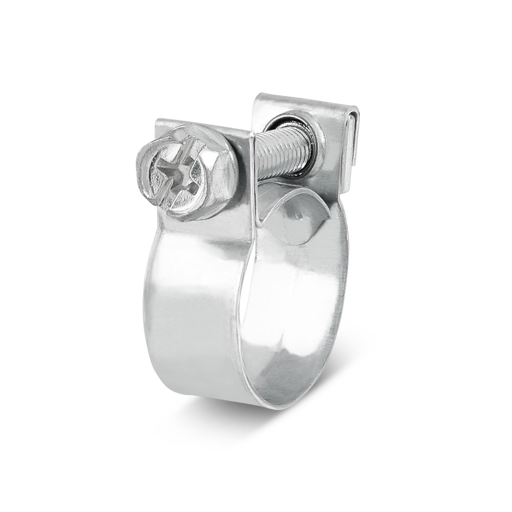 ABA Mini Schlauchschelle – Robuste Metall-Schlauchklemme mit Schraubverschluss für sicheren Halt. ABA Mini Schlauchschelle aus glänzendem Metall mit Kreuzschlitzschraube, Detailansicht auf weißem Hintergrund.