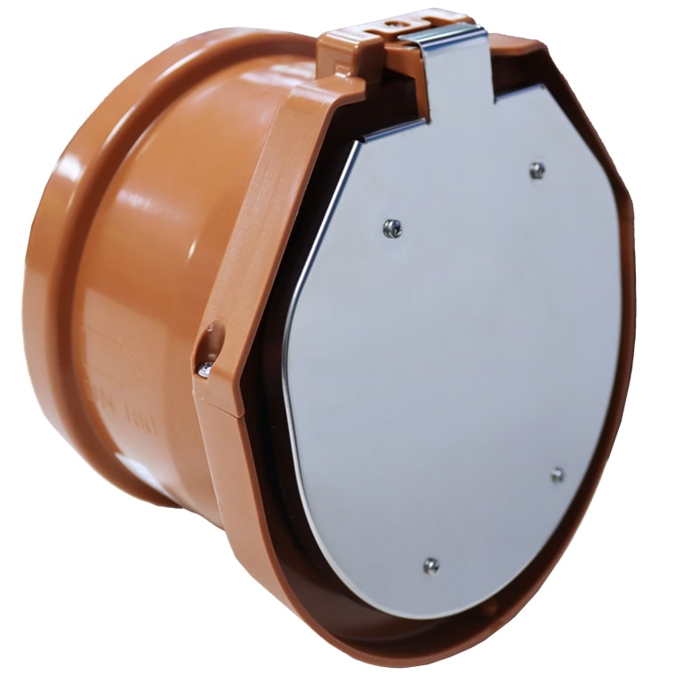 Rückstauklappe / Froschklappe für Spitzenden / Rohrenden: Eine braune Kunststoff-Rohrklappe mit einer sichtbaren, glänzenden Metallklappe im Inneren, aus seitlicher Perspektive auf weißem Hintergrund dargestellt. Deutlich sichtbar ist die Aufschrift 'DN 1