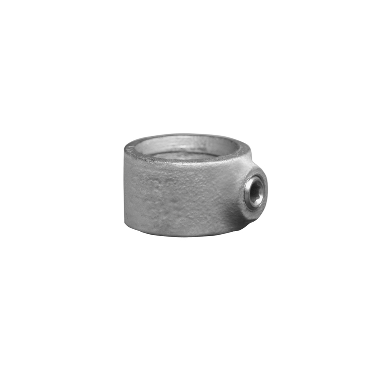 Rohrverbinder Stellring / Sicherungsring Typ 60 aus grauem Metall mit seitlicher Innensechskantschraube auf weißem Hintergrund.