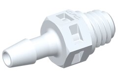 Gerader Einschraubstutzen MS330 aus weißem Nylon mit 2,4 mm Schlauchanschluss und 10-32 UNF Gewinde, abgebildet vor weißem Hintergrund.