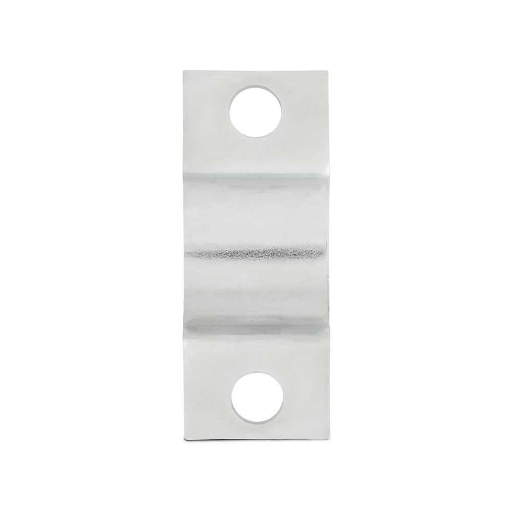 Befestigungsschelle BSN 531 – hochwertige, silberne Metallklemme für sichere Montage. Silberfarbene Befestigungsschelle BSN 531 aus Metall mit zwei runden Bohrlöchern und einer mittigen Wölbung, isoliert auf weißem Hintergrund.