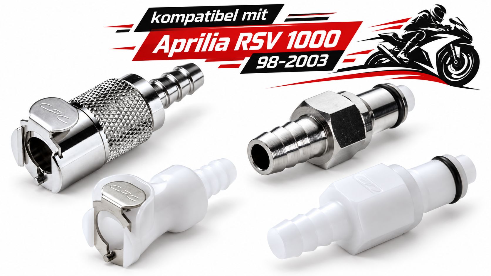 Set aus vier Benzinkupplungen für Aprilia RSV 1000 (Baujahre 1998-2003). Die Abbildung zeigt zwei glänzende Metallkupplungen, eine davon mit Rändelung, und zwei weiße Kunststoffkupplungen mit CPC-Logo. Alle Kupplungen sind als Schnellverschlussmechanismen