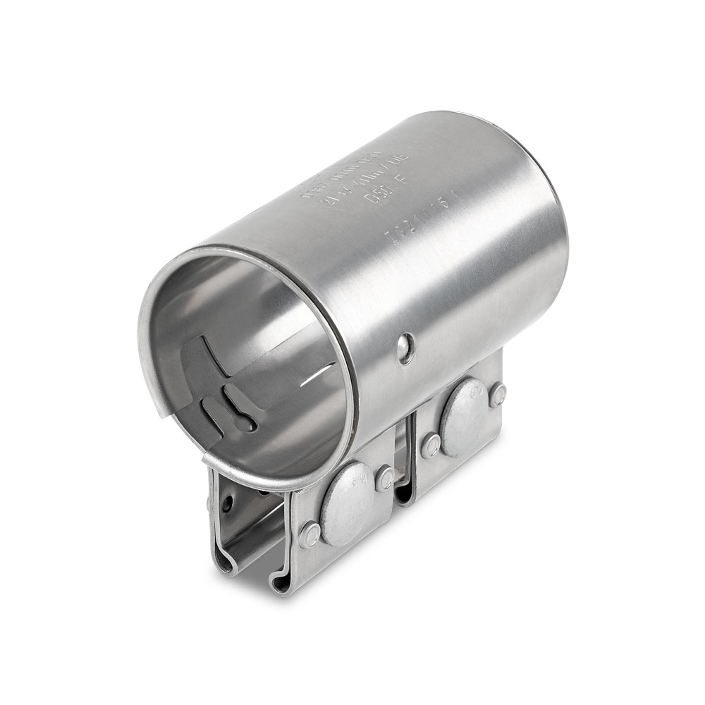 Euro-Coupler Auspuff-Rohrverbinder: Hochwertiger Metallverbinder (Typ 050 E) mit Klemmfunktion für Abgasanlagen. Euro-Coupler Auspuff-Rohrverbinder aus silbernem Metall, zylindrisch, mit seitlichem Klemmmechanismus, freigestellt auf weißem Hintergrund.
