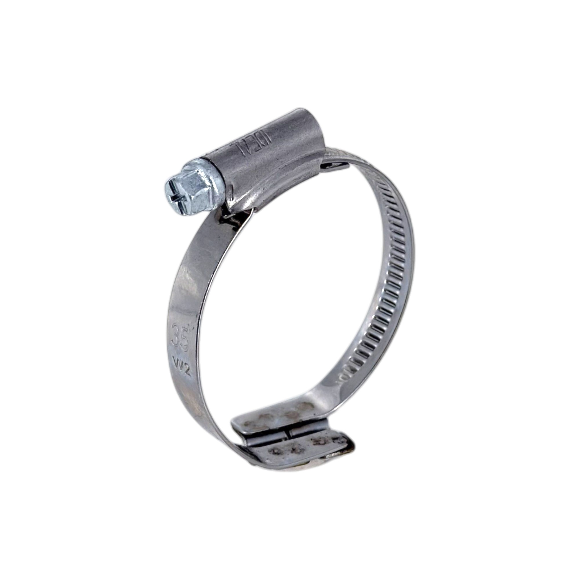 Eine silberne Spiral-Schlauchschelle / Brückenschelle Clamp 212 aus Edelstahl W2 mit 9mm Bandbreite und rechtssteigendem Schraubverschluss auf weißem Hintergrund.