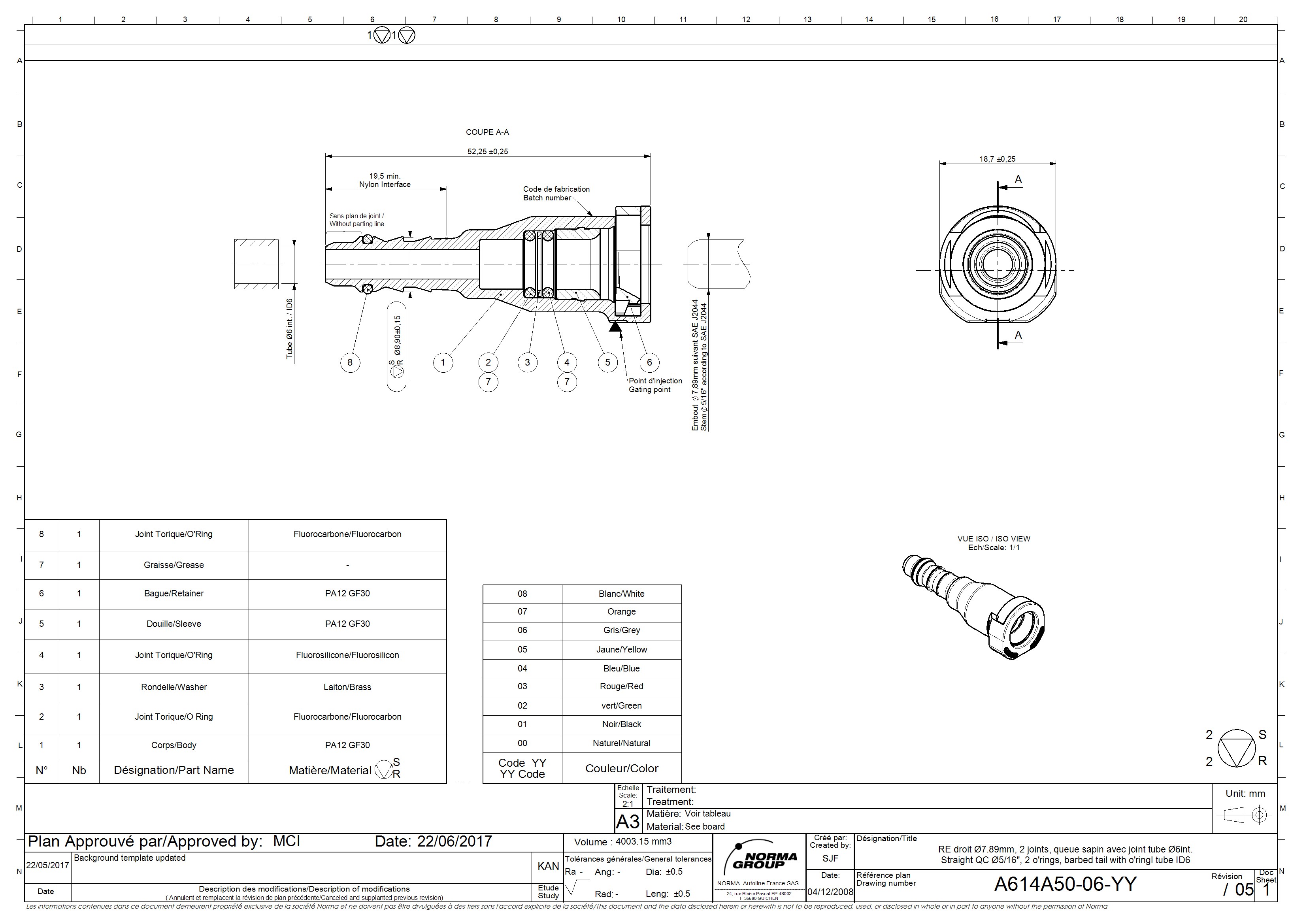 Technisches Zeichnung des Schnellverbinders Modell A614A50-06-YY, gerade Ausführung, passend für Rohre mit 6 mm Innendurchmesser, mit Fluorocarbon O-Ringen und Messingteilen. Technisches Zeichnung eines geraden Rohr-Schnellverbinders mit detaillierten Schnittansichten, Maßen und einer Auflistung der Bauteile.