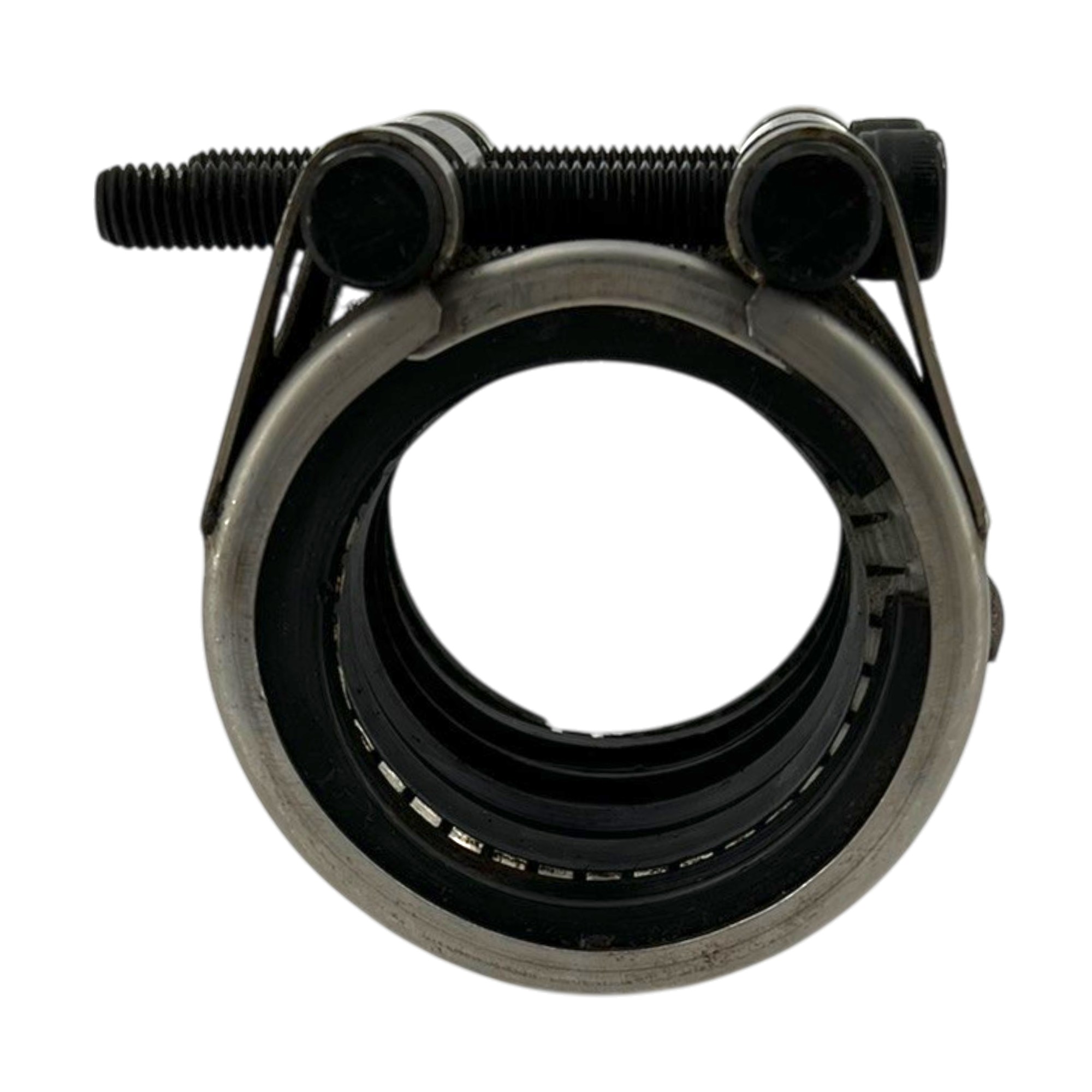 Teekay Rohrkupplung Grip E W2 48,3 EPDM, eine silberne Metallkupplung mit schwarzer EPDM-Dichtung und einer sichtbaren Spannschraube.