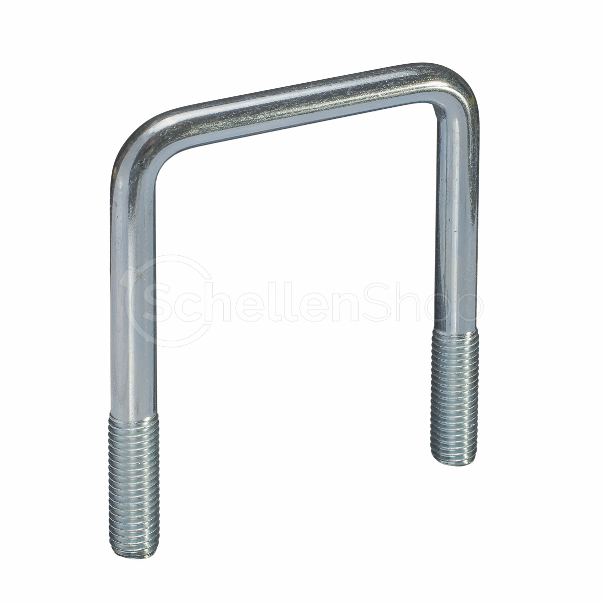 Ein einzelner, glänzender, silberner Quadratrohrbügel / Rundstahlbügel für Vierkantrohr / Bügelschelle in U-Form, aus Rundstahl gefertigt mit beidseitigem Gewinde an den Enden, vor weißem Hintergrund.