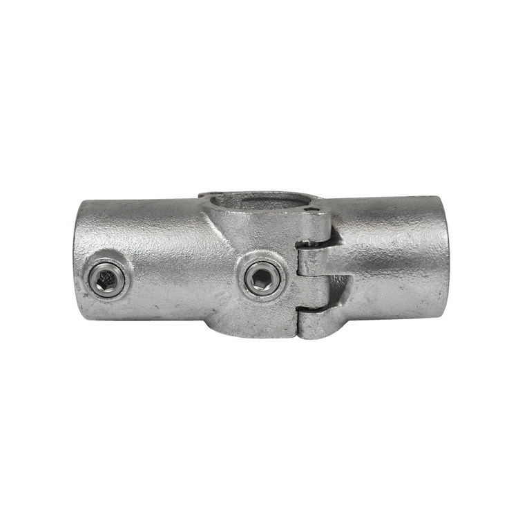Rohrverbinder Kreuzstück / Kreuzverbinder Ø 48,3mm einseitig offen, klappbar - Typ 22O aus verzinktem Metall, detailliert auf weißem Hintergrund dargestellt.