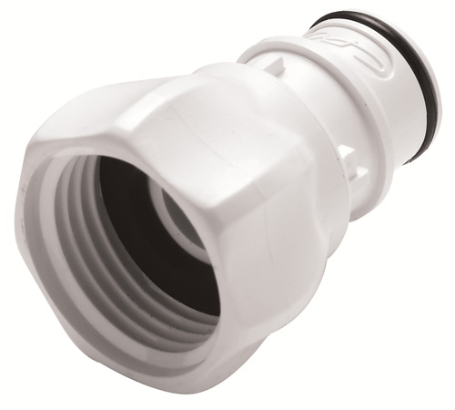 Nahaufnahme einer weißen HFCD261235GHT Schlauchtülle mit 3/4 Zoll GHT Innengewinde, sichtbarer schwarzer EPDM-Dichtung und integriertem Absperrventil.