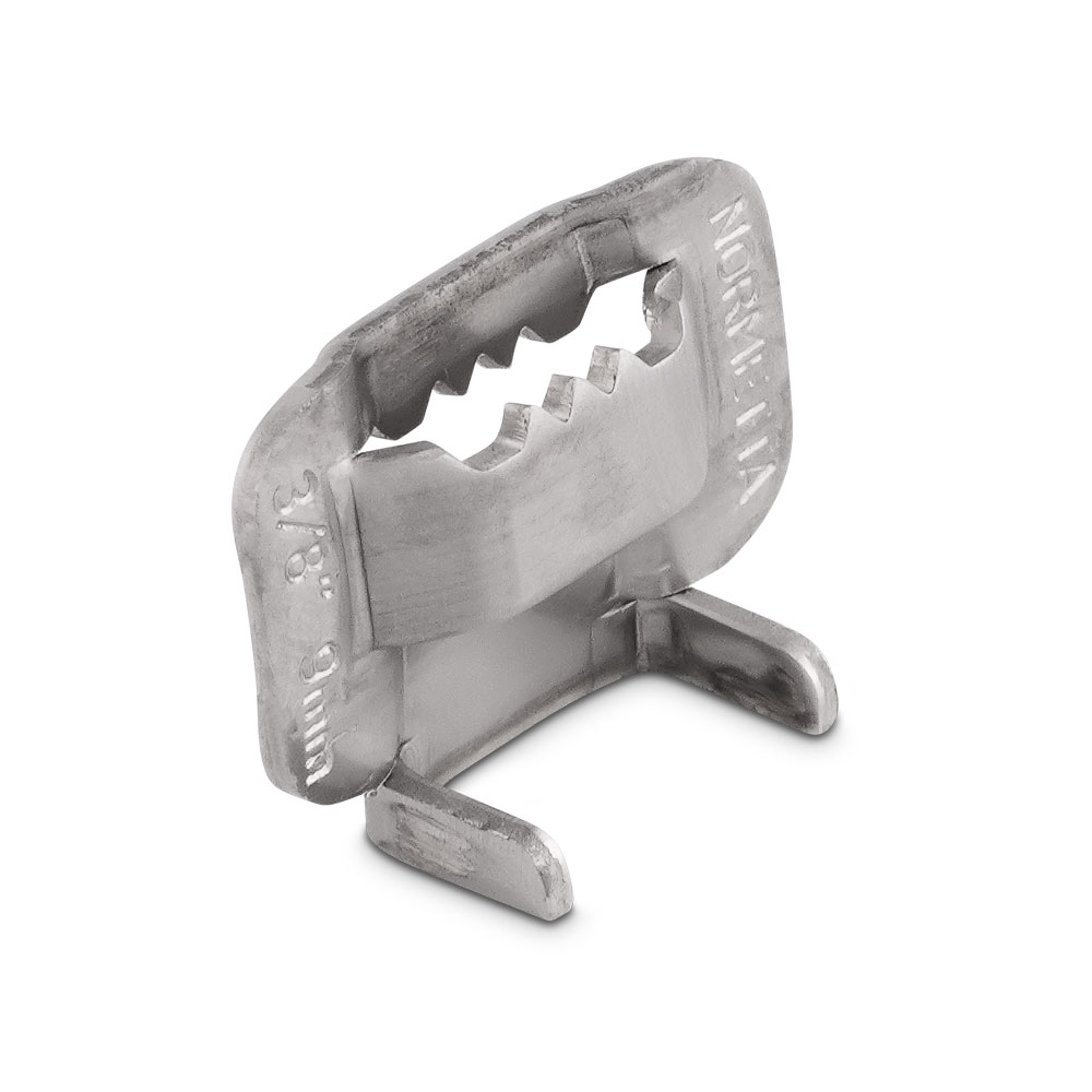 Endlosband Binder Verschluss NB-D NORMELIA, Metall, 3/8 Zoll (9mm) Endlosband Binder Verschluss NB-D NORMELIA aus silberfarbenem Metall, mit gezackten Klemmbacken für 3/8 Zoll (9mm) Bandbreite und zwei Befestigungszinken.