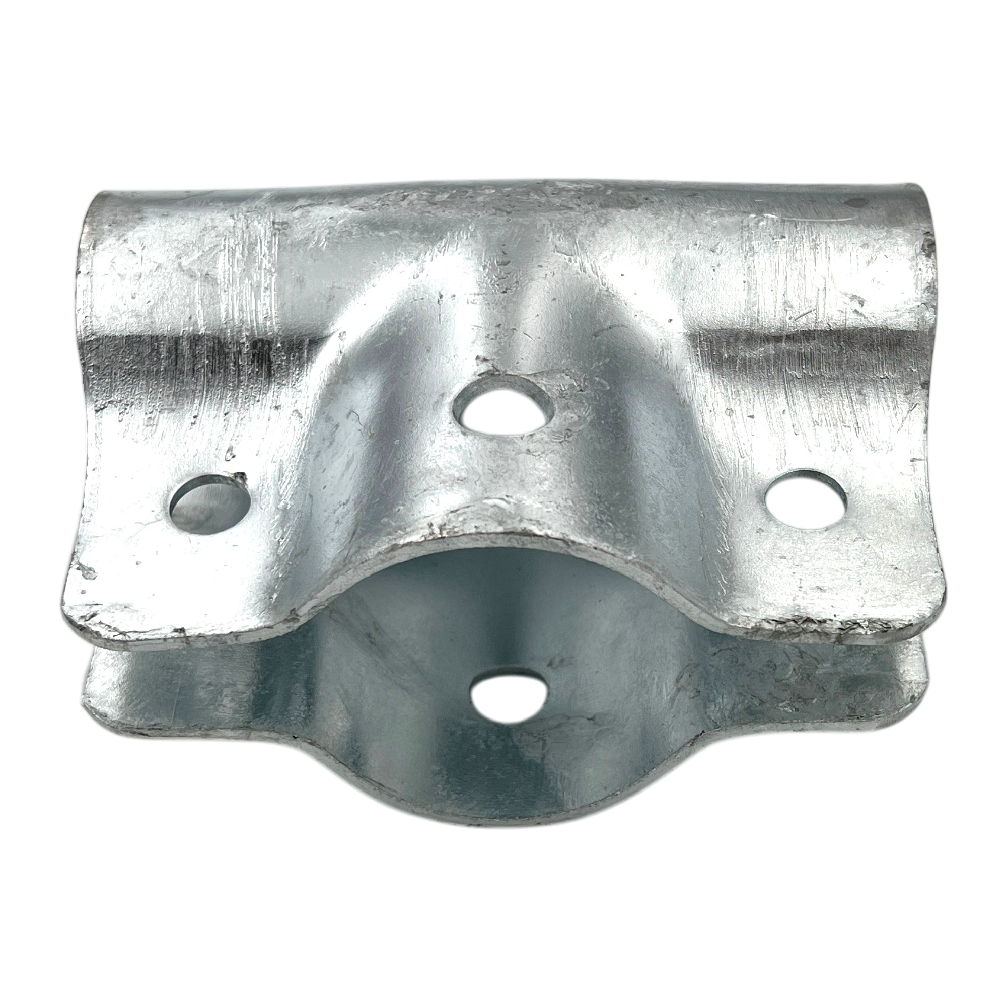 Feuerverzinkte, geschlossene T-Schelle (Typ 140) aus Metall mit drei Befestigungslöchern zur sicheren Rohrverbindung, detailreich auf weißem Hintergrund dargestellt.