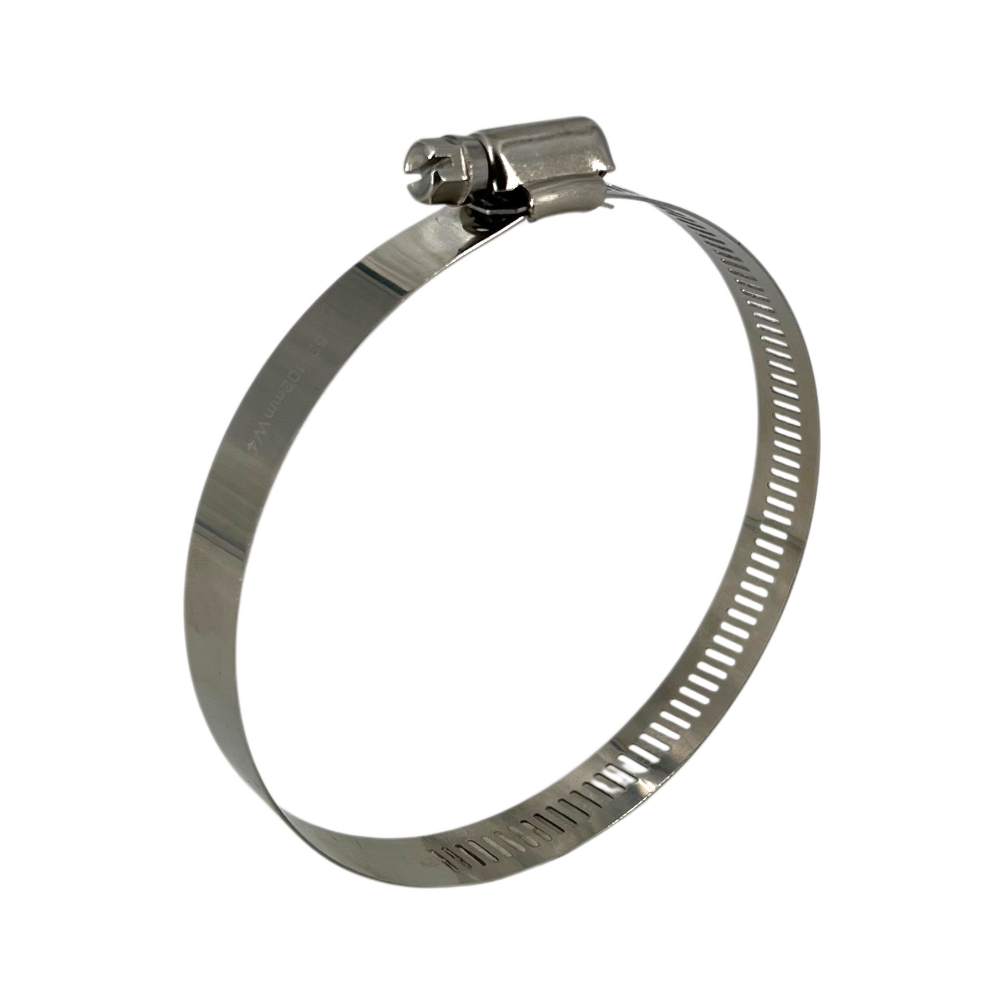 Glänzende Hy-Gear Schlauchschelle aus V2A Edelstahl, Bandbreite 14,3 mm, mit einem Verstellbereich von 63-102mm und Schraubverschluss, freigestellt auf weißem Hintergrund.