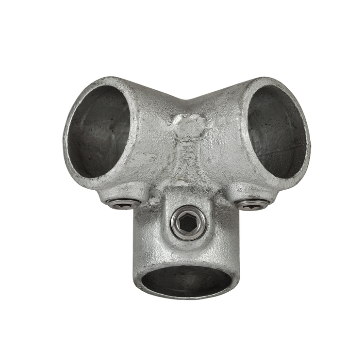 drei-Wege Eckstück 90° Rohrverbinder für flexible und stabile Rohrkonstruktionen. drei-Wege Eckstück 90° Rohrverbinder aus silbernem Metall mit drei Anschlüssen und Feststellschrauben.