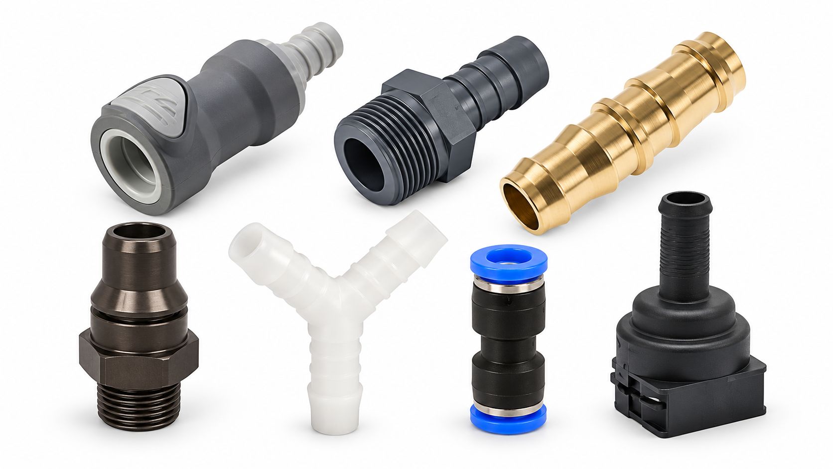 Eine Vielzahl von Schlauchverbindungen der Marke Schlauchverbindung, darunter Schnellkupplungen, Schlauchtüllen, Y-Verteiler und Push-Fit-Verbinder aus Kunststoff und Metall in verschiedenen Größen und Ausführungen, auf weißem Hintergrund.