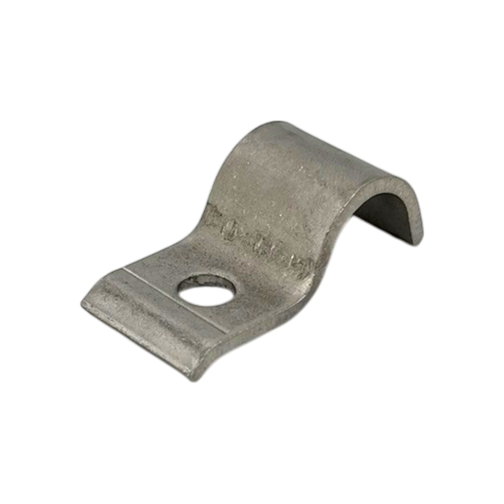 Produktbild der Rohrschelle einlaschig UIC 803-30 (18 mm) aus Edelstahl A2. Die silberfarbene Klemme ist U-förmig gebogen, mit einem runden Montageloch an einem der abgeflachten Enden.
