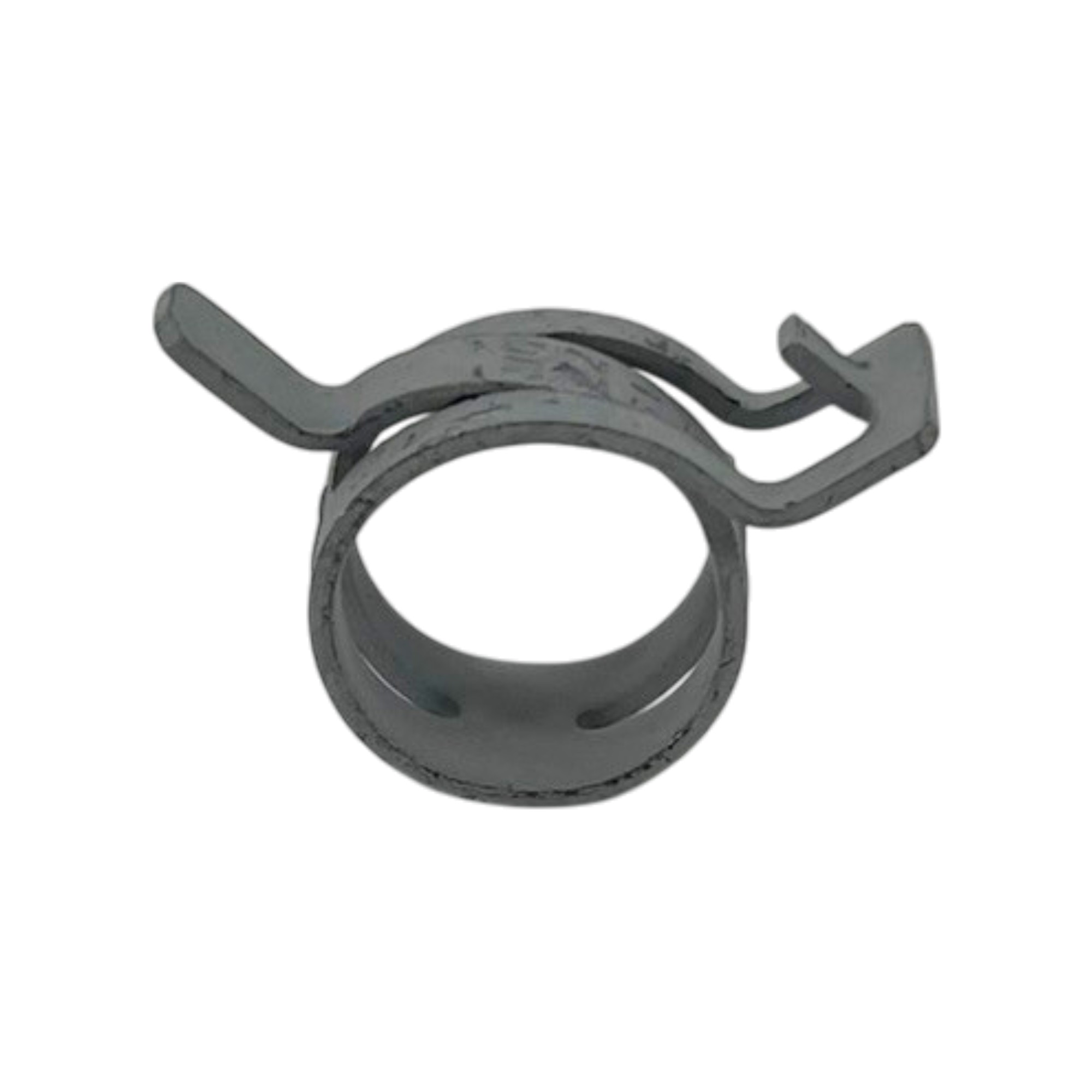 Graue Federbandschelle FBS 22/12 (22 - 24,5 mm), Typ C75S, aus Metall, seitlich auf weißem Hintergrund dargestellt. Die Schelle hat einen kreisförmigen Hauptkörper und zwei gegenüberliegende, leicht angewinkelte Griffe für die Montage.