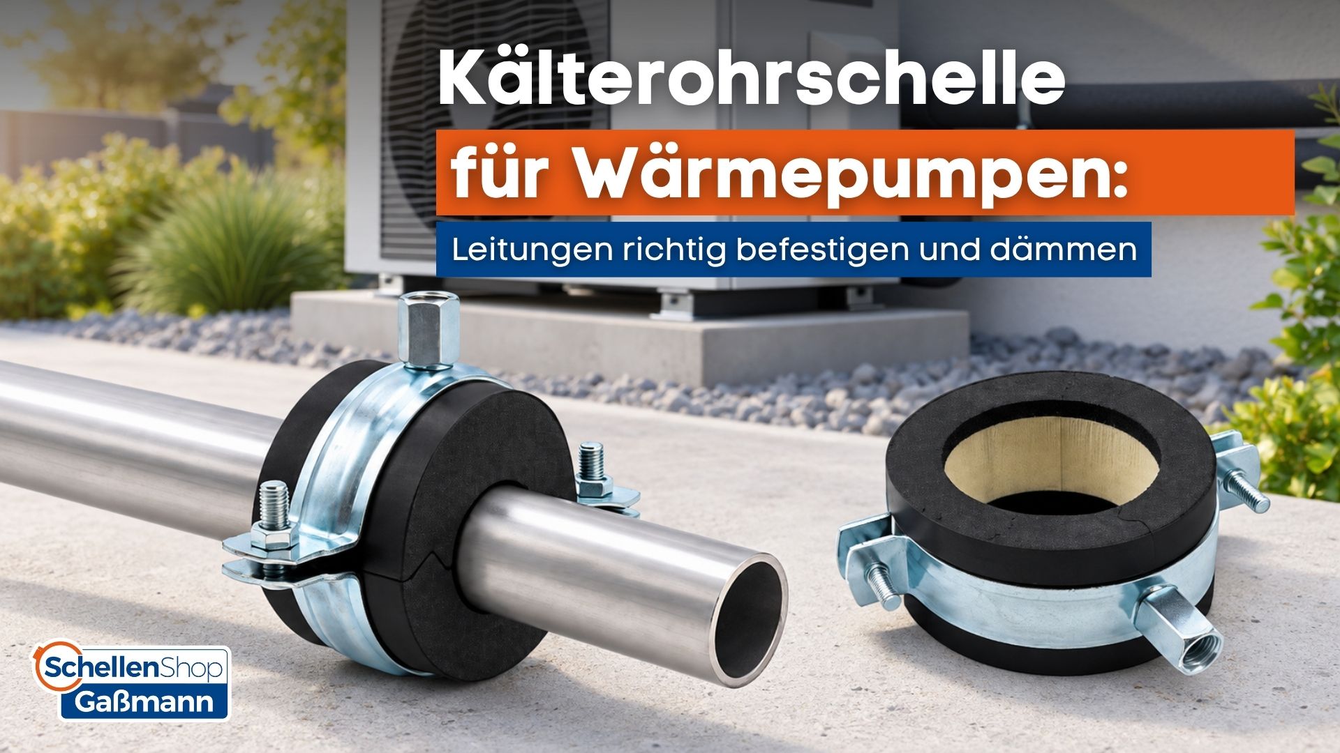 Kälterohrschelle für Wärmepumpen: Leitungen richtig befestigen und dämmen. Das Bild zeigt zwei Schellen von SchellenShop Gaßmann, eine davon an einem isolierten Metallrohr montiert, eine weitere Schelle liegt daneben, mit einer Wärmepumpe im Hintergrund.
