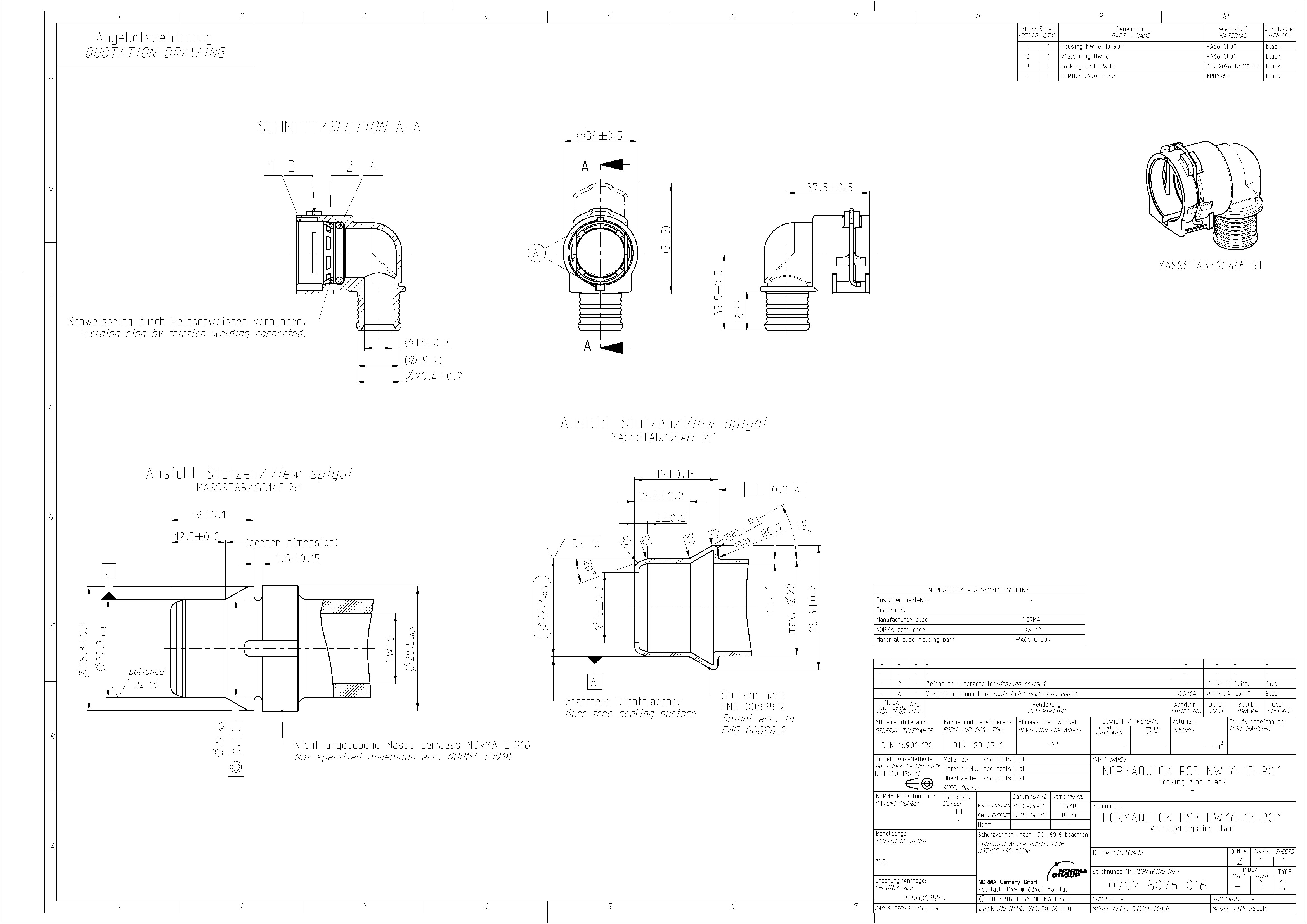 NORMAQUICK PS3 NW 16-13-90° Verriegelungsring-Rohling - Angebotszeichnung Technische Zeichnung des NORMAQUICK PS3 NW 16-13-90° Verriegelungsring-Rohlings. Die detaillierte Darstellung zeigt Schnittansichten, Maße und eine 3D-Ansicht eines 90-Grad-Winkelverbinders aus PA66-GF30 für NW 16 Schläuche mit Reibschweißverbindung.
