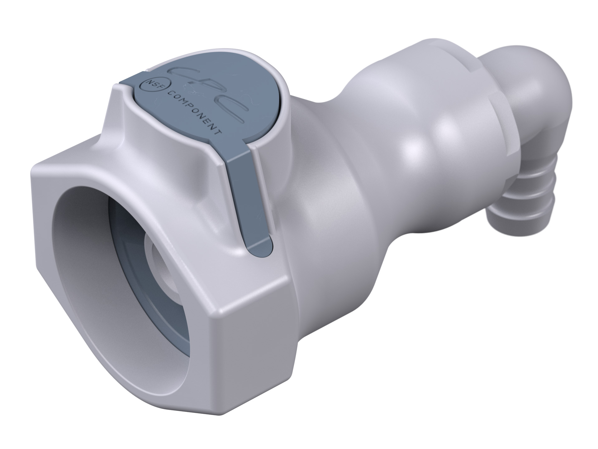 Graue CPC-Winkelkupplung (Modell 99400) mit einem 9,5 mm Schlauchanschluss und sichtbarem Absperrventil (grauer Hebel mit 'NSF COMPONENT' Aufschrift). Die Kupplung ist FDA-konform und verfügt über einen EPDM-O-Ring.