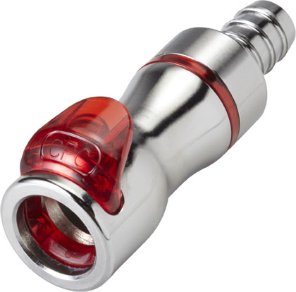 Schnellverschlusskupplung LQ4D17006RED aus glänzendem Metall mit 9,5 mm (3/8") Schlauchanschluss und einem transparent roten Absperrventil mit CPC-Logo.