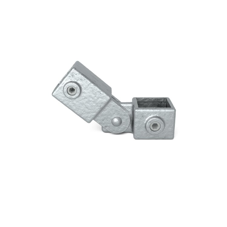 Rohrverbinder Gelenkstück, einfach - Typ 44S aus verzinktem Stahl, mit zwei verstellbaren vierkantigen Öffnungen und Sechskantschrauben.