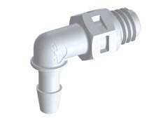 ME330 Winkeleinschraubstutzen aus weißem Nylon, abgewinkelt, mit 2,4 mm Schlauchanschluss und 10-32 UNF Gewinde.