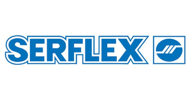SERFLEX Firmenlogo SERFLEX Logo: Blauer Schriftzug 'SERFLEX' mit weißer Umrandung und blauem Kreissymbol mit drei weißen Linien auf weißem Hintergrund.