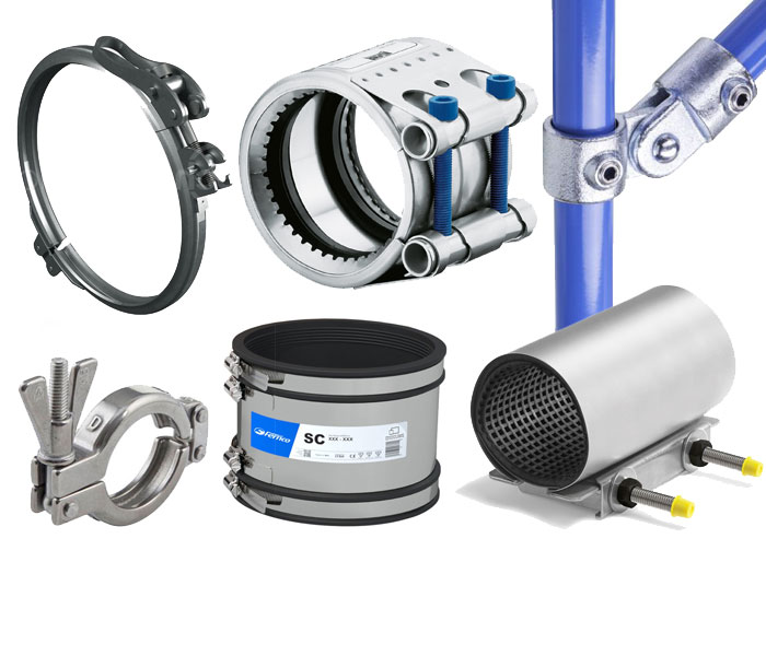 Rohrverbindungen, Rohrschellen, Kupplungen und Fittings aus Metall Verschiedene Metallkomponenten für Rohrleitungssysteme, wie Rohrschellen, Reparaturkupplungen und Winkelverbinder.