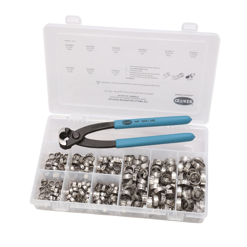OETIKER® Getränkeklemmen Sortiment inkl. Zange (301-teilig), Edelstahl – Praktisches Set für sichere Schlauchverbindungen. OETIKER® Getränkeklemmen Sortiment (301-teilig) aus Edelstahl und passende Zange mit blauen Griffen, übersichtlich angeordnet in einer transparenten Aufbewahrungsbox.
