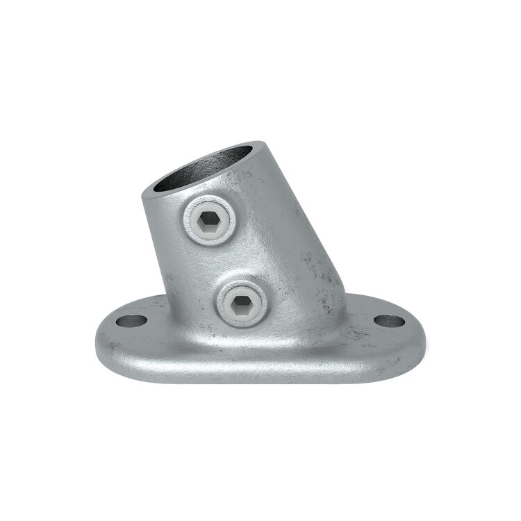 Rohrverbinder Bodenbefestigung variabel Typ 12U, Winkel 11-30 Grad. Silbergrauer Metall-Rohrverbinder mit geneigtem Rohreingang und ovaler Bodenplatte zur flexiblen Bodenmontage.