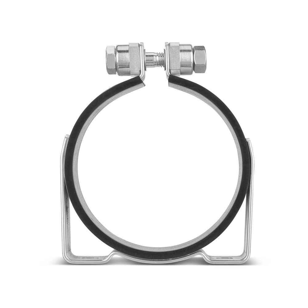 Einteilige Halterungsschelle mit Konsole HMK SPGU 6011: Robuste, schallentkoppelte Rohrbefestigung aus Metall mit Gummiprofil für sicheren Halt. Einteilige Halterungsschelle mit Konsole HMK SPGU 6011 aus silbernem Metall und schwarzer Gummieinlage, auf weißem Hintergrund.