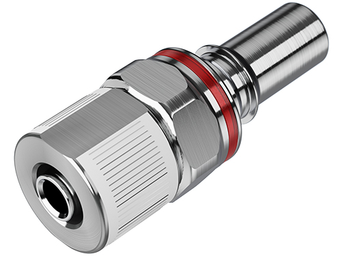 LQ6D20008RED - LQ6 Schlauchtülle Stecker 9,5 mm ID / 12,7 mm AD Klemmringverschraubung, mit Absperrventil. Ein silberner Metallverbinder auf weißem Hintergrund.