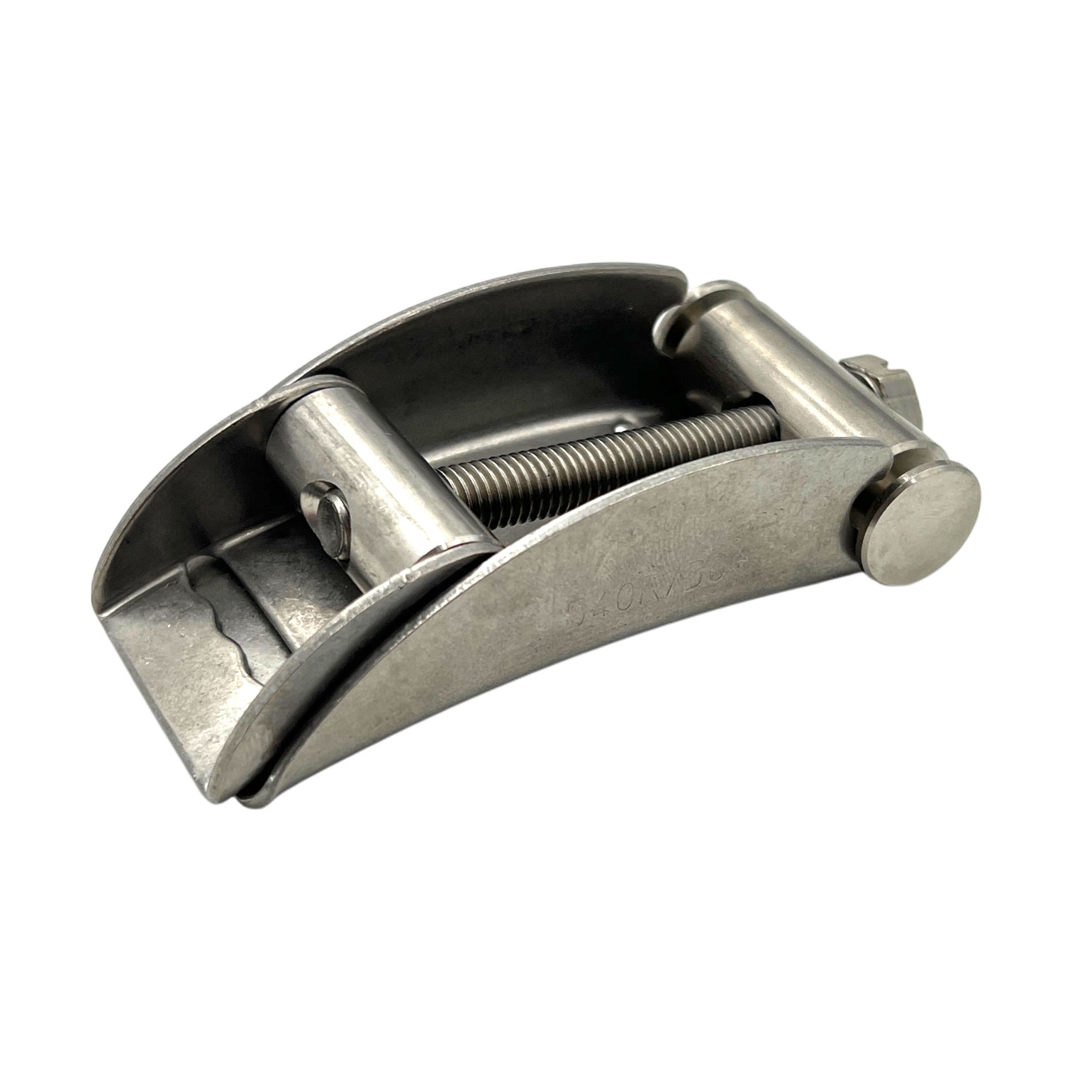 Oetiker Schraubschloss 540R/30+ aus Edelstahl V2A, 30 mm Bandbreite, schräg von oben vor weißem Hintergrund