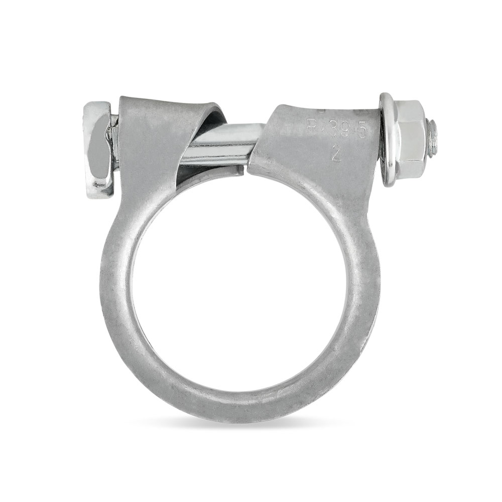 NORMA ARS Abgasrohrschelle / Auspuffschelle aus verzinktem Stahl, passend für Rohre von 24 mm bis 114 mm Durchmesser. Silberne, verzinkte NORMA ARS Abgasrohrschelle aus Stahl mit Schraubverschluss auf weißem Hintergrund.