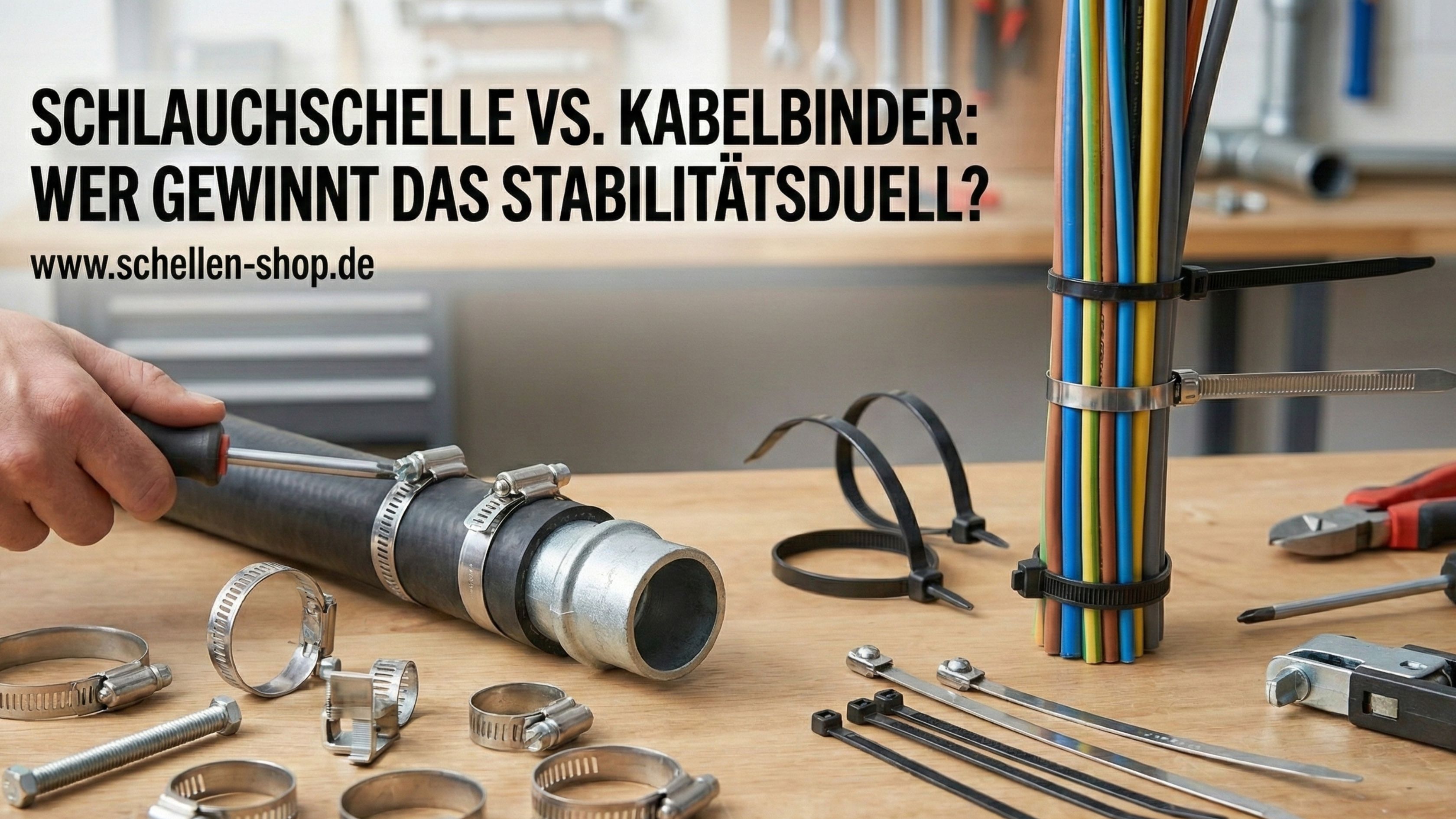 Produktbild zum Thema 'Schlauchschelle vs. Kabelbinder Wer gewinnt das Stabilitätsduell'. Auf einer Werkbank wird links eine Schlauchschelle an einem Schlauch montiert, umgeben von weiteren Schellen. Rechts sind bunte Kabel mit Kunststoff- und Metallkabel