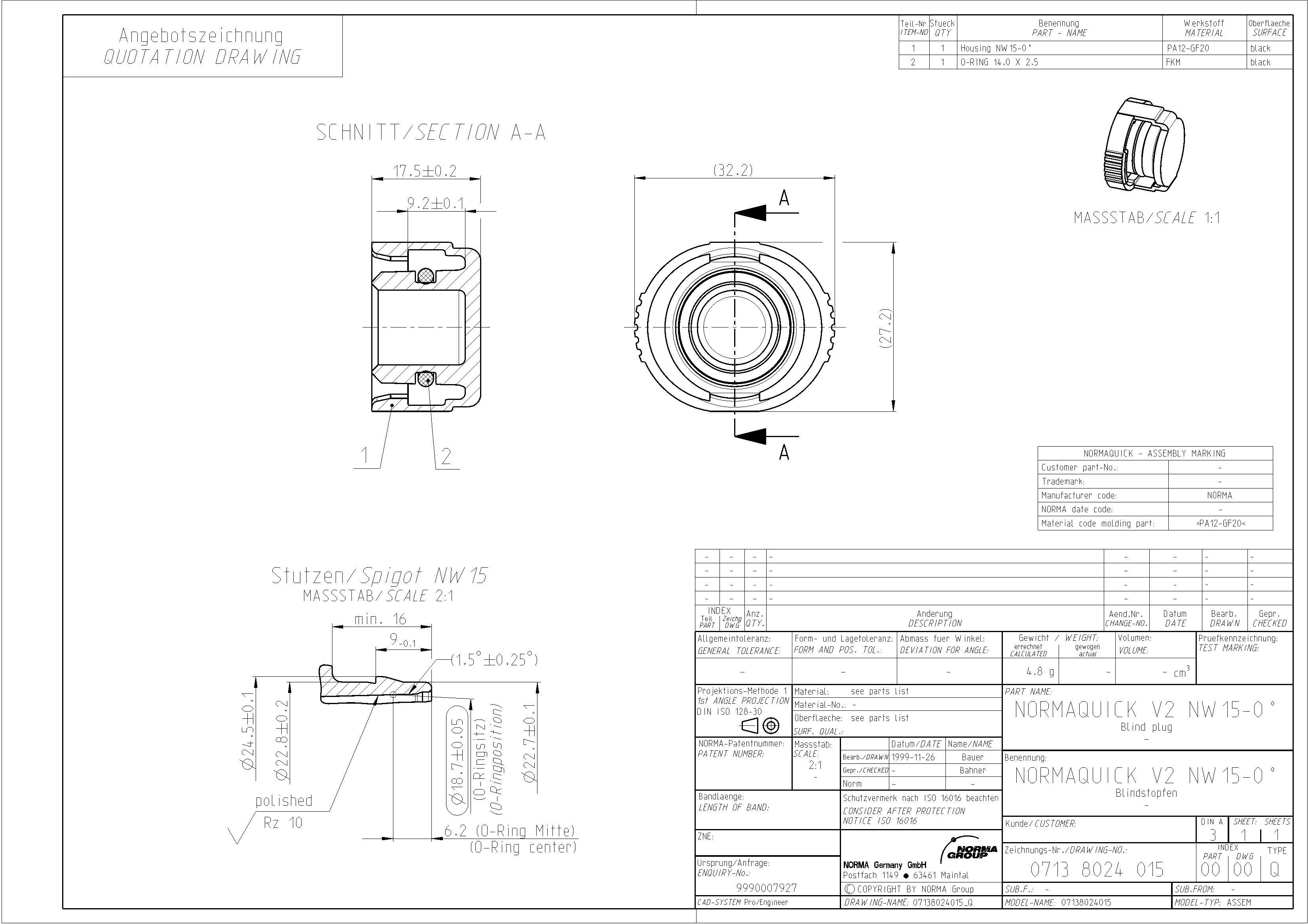 Technische Angebotszeichnung des NORMAQUICK V2 NW 15-0° Blindstopfens, inklusive Querschnittsdarstellung, isometrischer Ansicht, Bemaßungen und Bauteilinformationen wie Gehäuse aus schwarzem PA12-GF20 und O-Ring aus schwarzem FKM. Angebotszeichnung des NORMAQUICK V2 NW 15-0° Blindstopfens, mit technischen Detailansichten und Bemaßungen.
