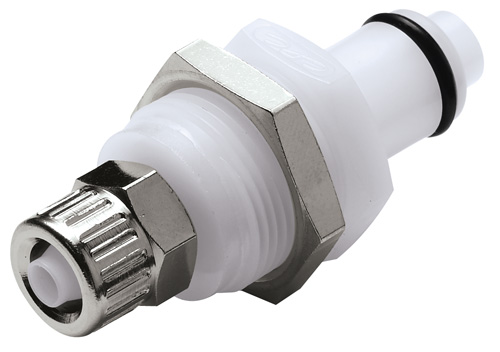 PLCD40004 - CPC Stecker 6,4 mm AD / 4,3 mm ID Klemmringverschraubung, Plattenmontage, mit Absperrventil